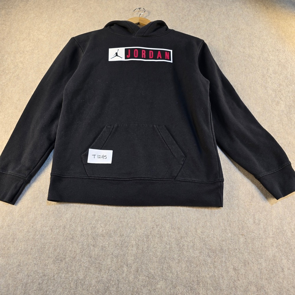 Nike Air Jordan Boys Hoodie Black Pink Jumpman Logo Pullover Sweatshirt Size L